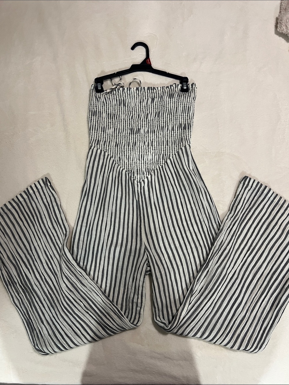 American Eagle Outfitters Navy and White Striped Strapless Jumpsuit